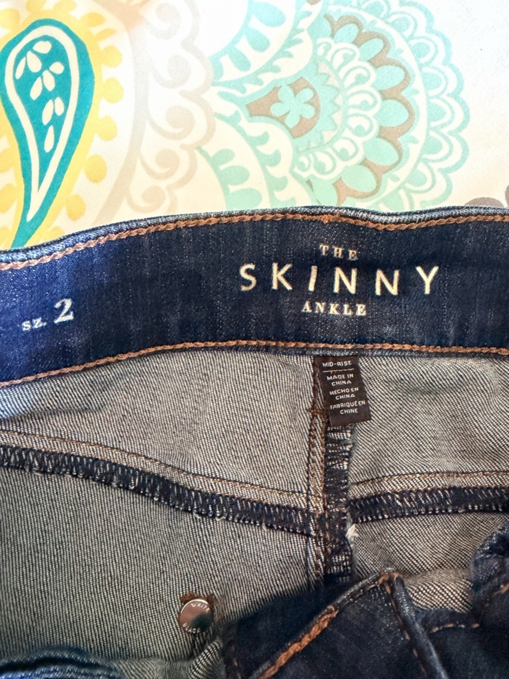White House Black Market Dark Blue Skinny Jeans with Brown Trim zipper ankle - Picture 5 of 6